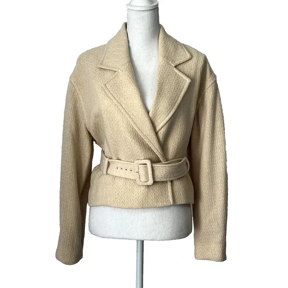 & Other Stories Jacket Womens 2 Beige Wool Herringbone Belted‎ Short LA Atelier